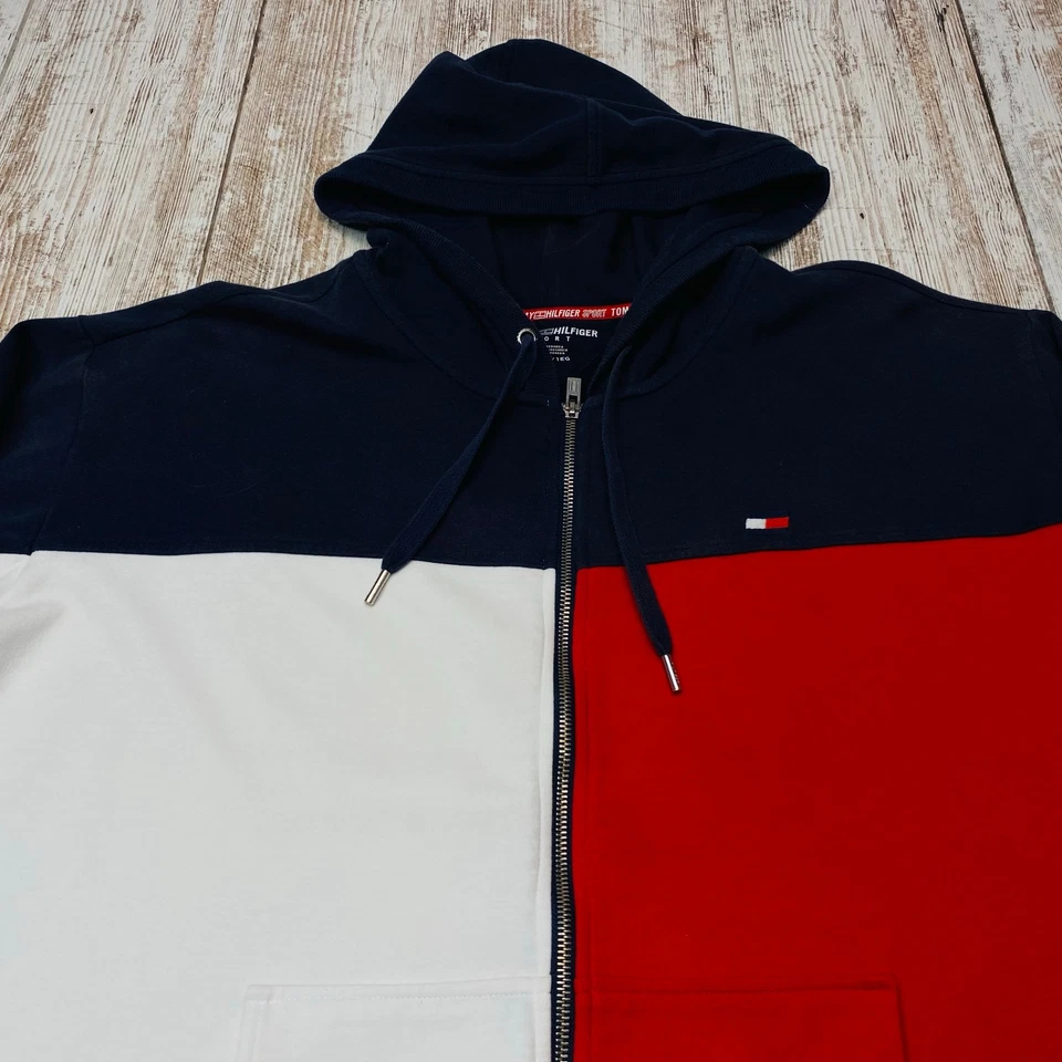 Tommy Hilfiger Sport Full Zip Hoodie Mens XL Red White Blue Drawstring 7535 - Image 4 of 4