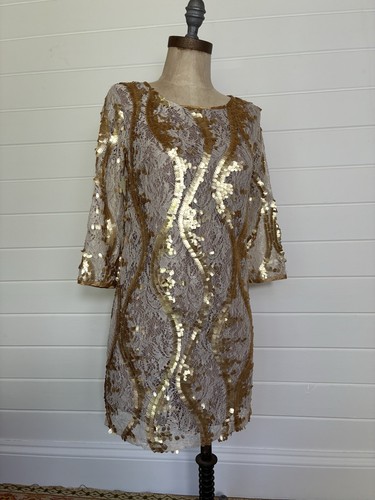 GOLD SEQUIN CREAM LACE MINI DRESS PRIMARK SIZE 8 - Picture 3 of 12