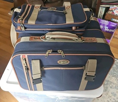Vtg Ricardo Beverly Hills 3 Piece Navy Brown Carry On & 2 Cases Wheels And Keys