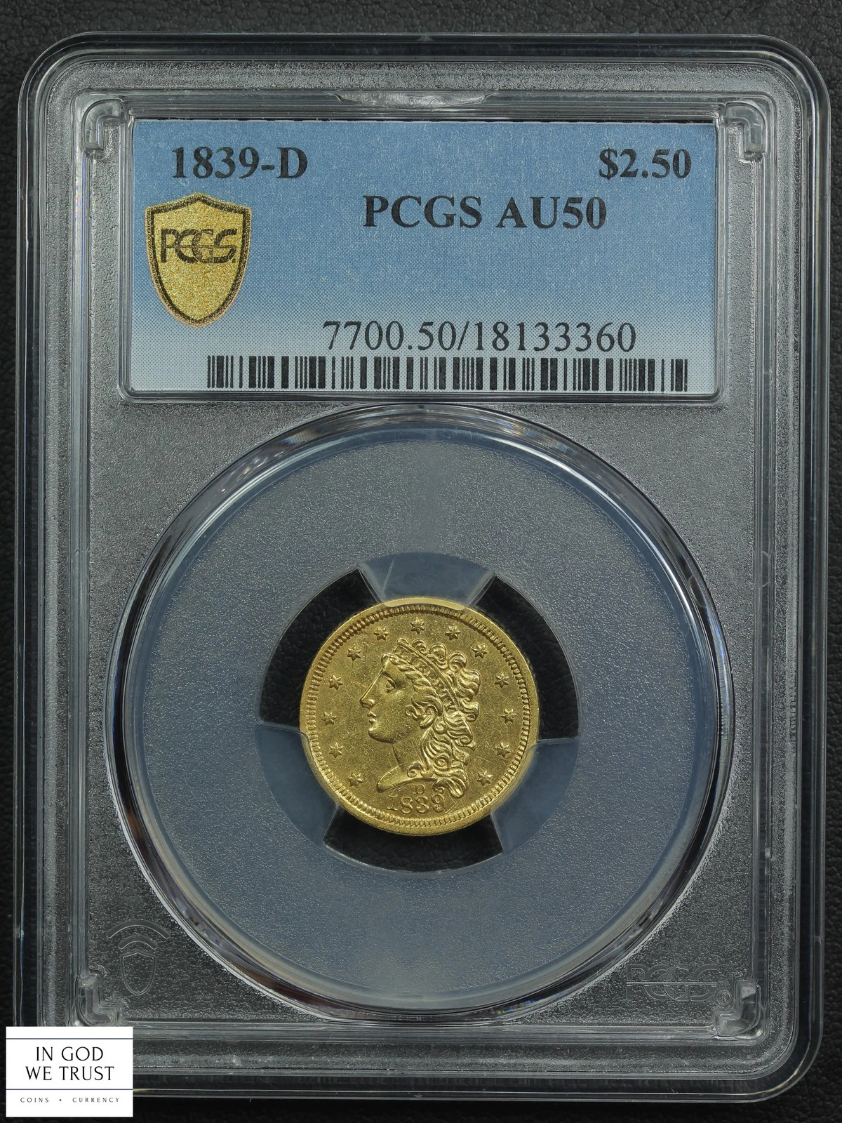 1839 D Dahlonega $2.50 Classic Head Gold Quarter Eagle PCGS AU 50