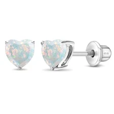 Opal Heart Kids / Children's / Girls Earrings Screw Back - Sterling Silver