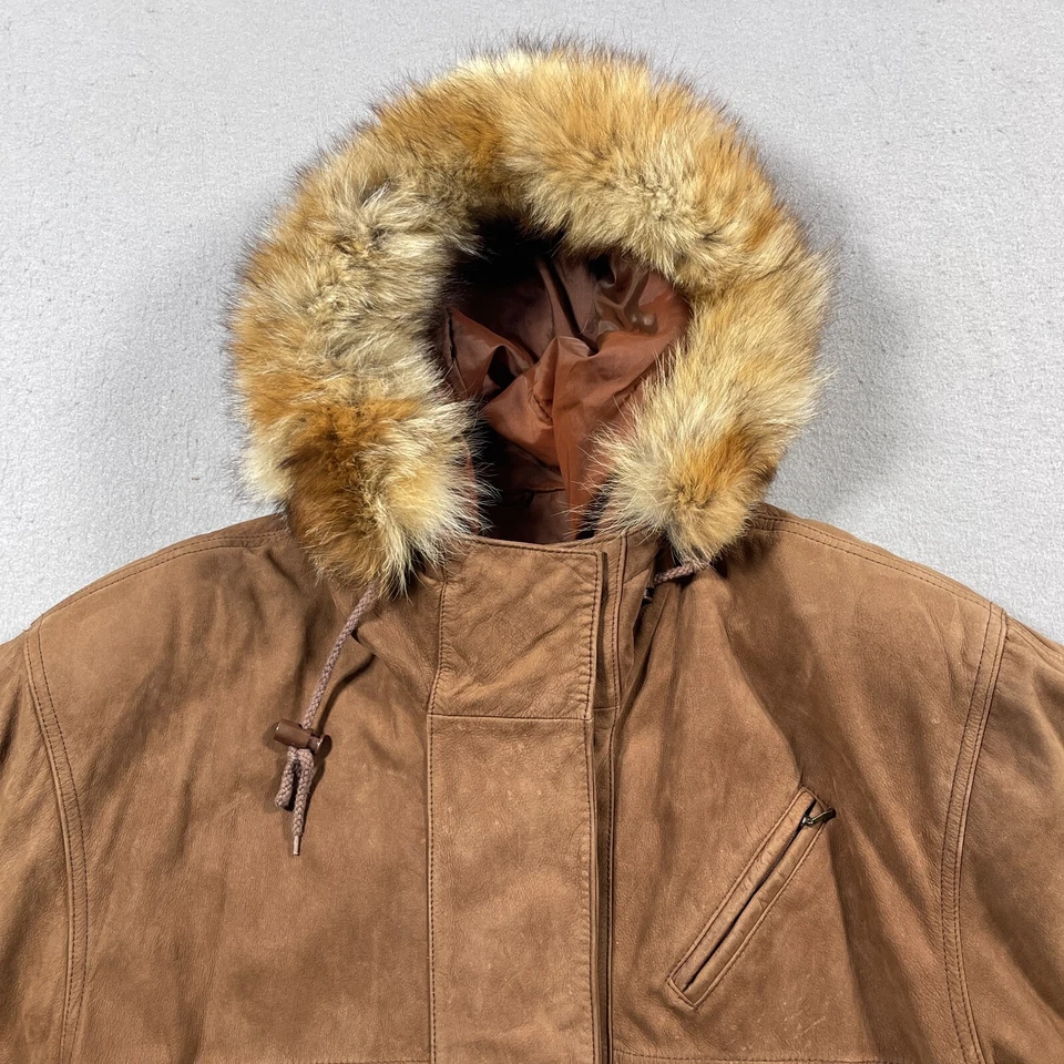 Kent Street Jacket Men M Brown Leather Faux Fur Trim Hood Bomber Korea Vintage - Image 3 of 4