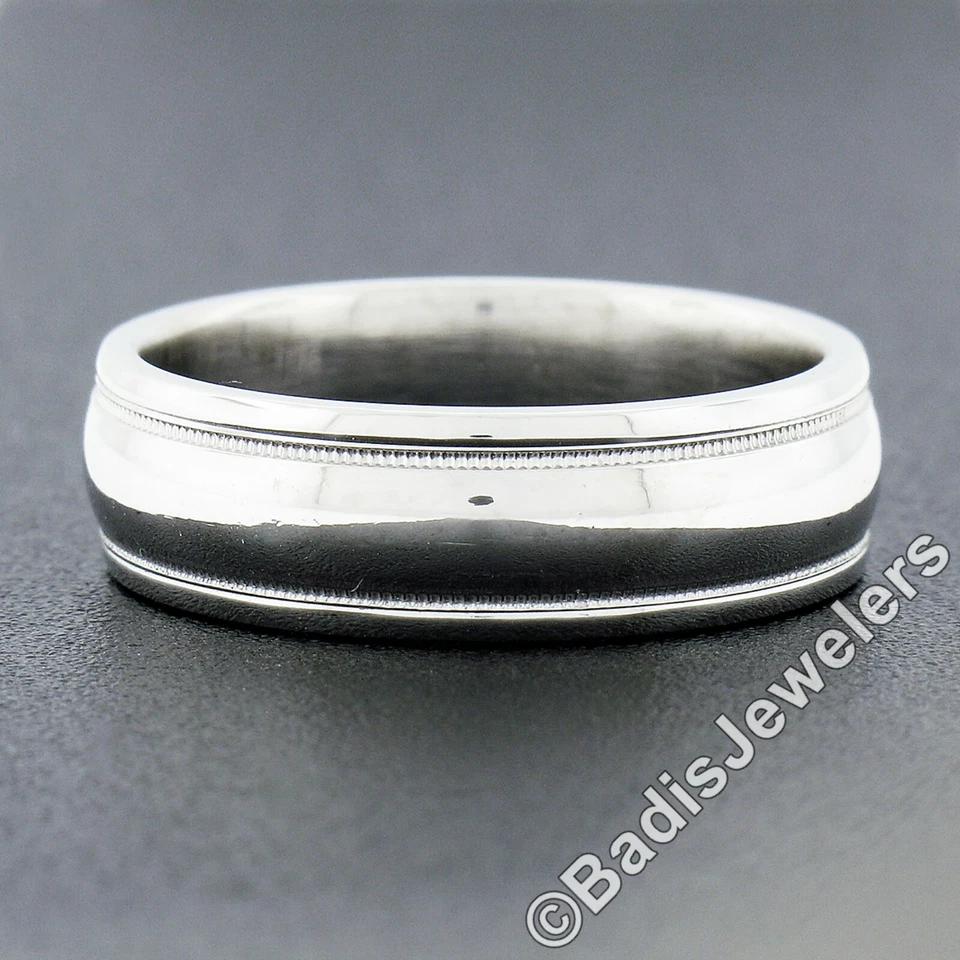 Anillo de boda clásico tallado artístico de oro blanco de 14 k pulido con milgrain para hombre Foto 2 de 4