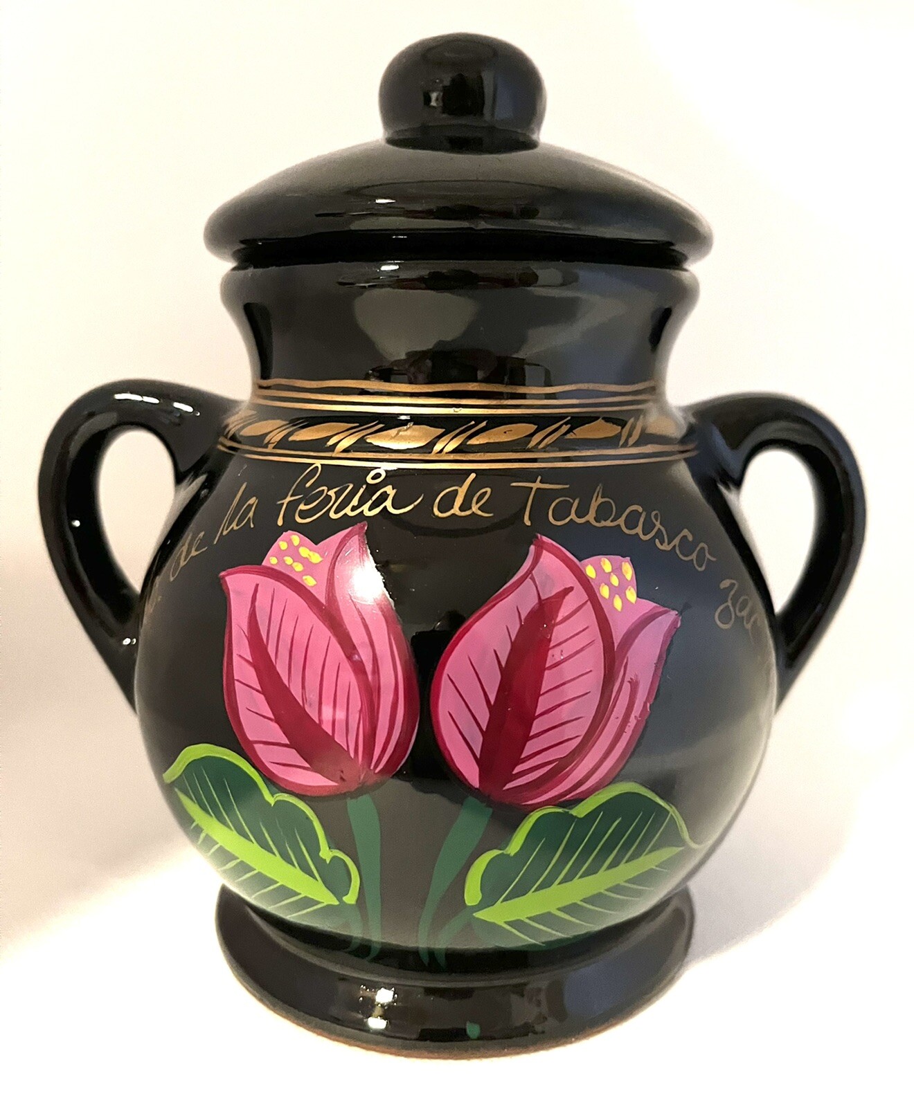 VTG 2004 tobasco fair hand painted redware jar crock canister container with lid, vintage pottery