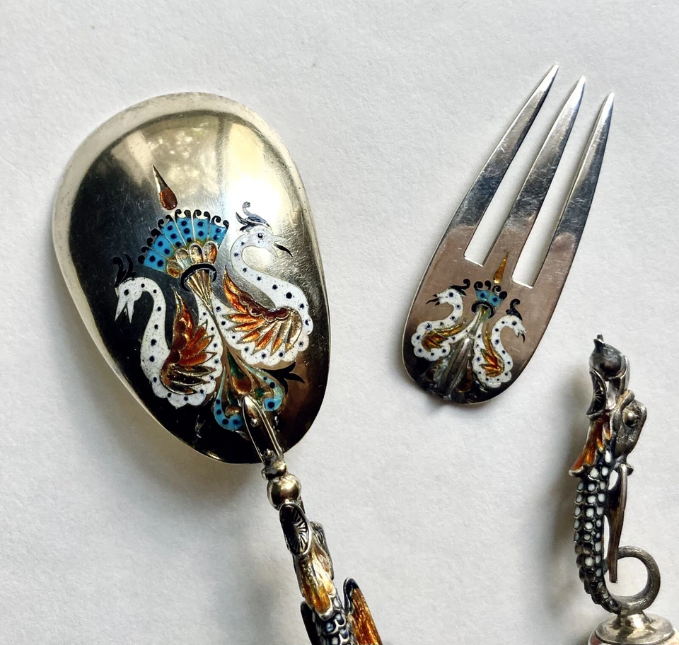 Antique Renaissance Revival Silver Gilt Enamel Cutlery Set As Is Ratzersdorfer ? - Изображение 2 из 4