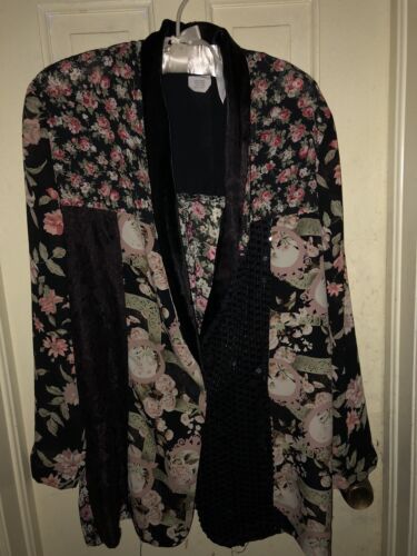 VINTAGE 80er JUDY KNAPP PATCHWORK EINKNOPF BLUMENPAILLETTEN CHIFFONJACKE MEDIUM - Bild 1 von 6