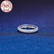 White Solid 925 Sterling Silver CZ Wedding Band Round Ring for Brides Engagement