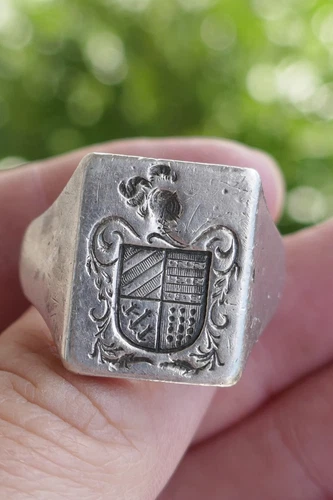 Antique Sterling Silver & gold Family Crest Intaglio Seal Shield Ring -Size 10.5