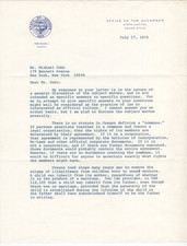 Tom McCall Signed Letter 1972 about Communes / Autographed Governor of Oregon