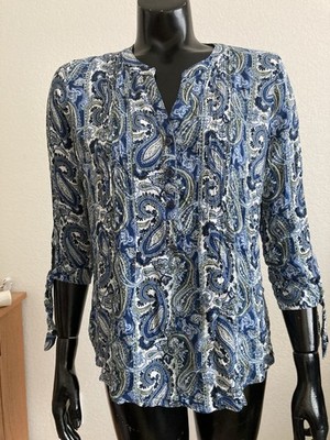  Westport Size M Blue White Paisley 3/4 Tied Sleeve Popover Blouse
