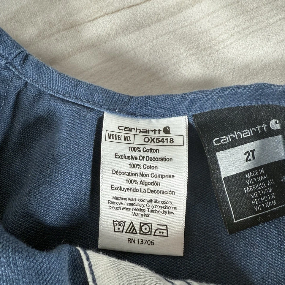 Mono con tirantes Carhartt niños pequeños 2T azul pato lona carpintero doble rodilla Foto 3 de 4
