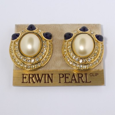 ERWIN PEARL Vtg Gold-tone Faux Pearl Clip-on Earrings  - NEW
