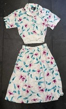 Vintage 1980s Two Piece Set Skirt And Crop Top Tropical Floral Collared Size XS
