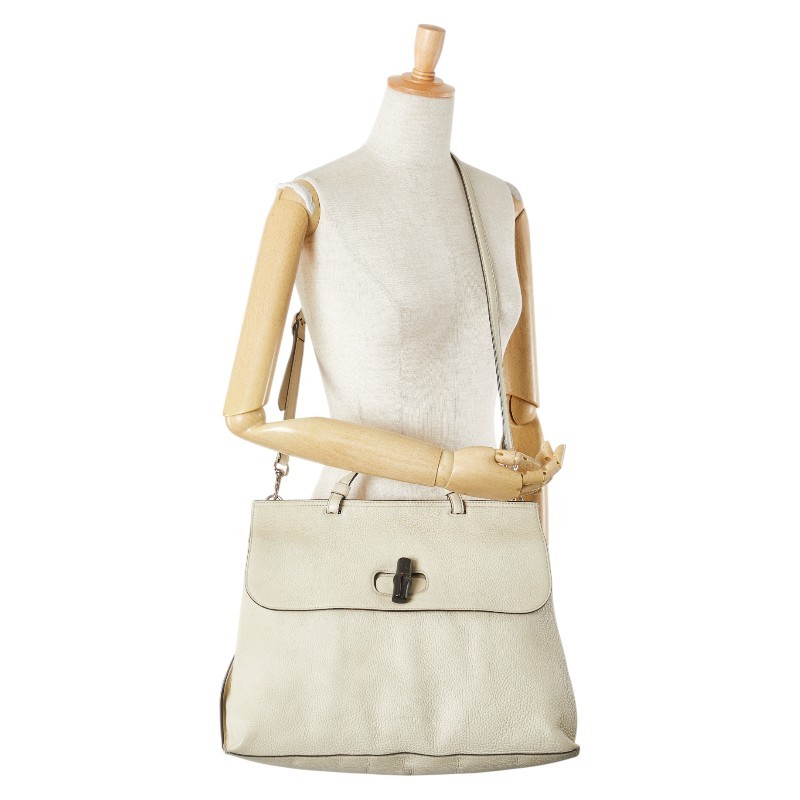 GUCCI Bamboo Daily 2Way Tote Shoulder Bag Leather White Preowned From Japan thumbnail 15