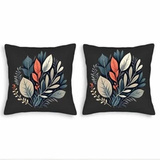 Elegant Botanical Throw Pillow Covers - Set of 2 18x18in Blue Gray & Orange Leaf