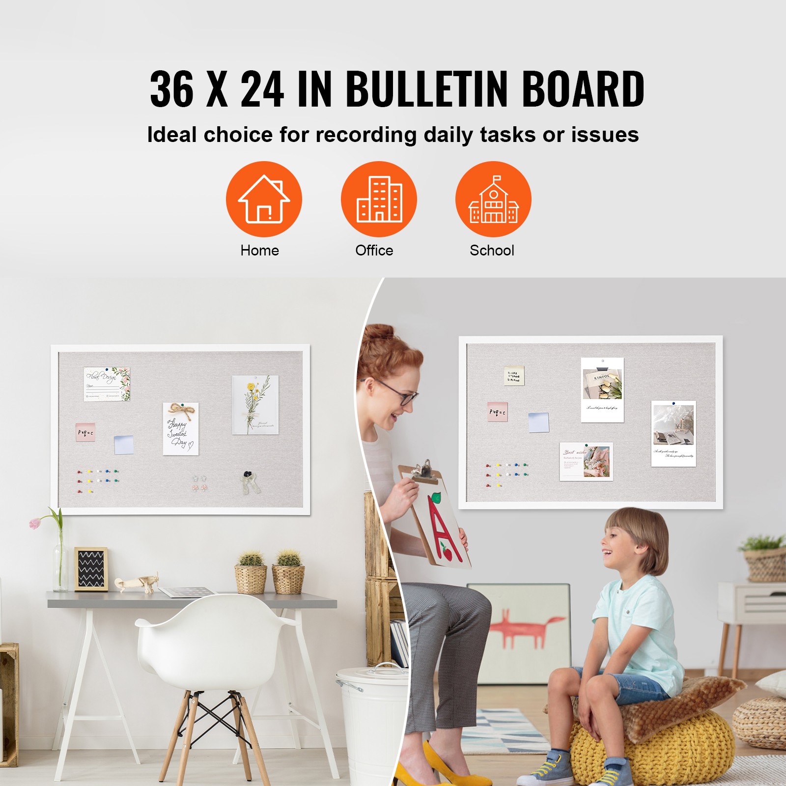 Uimoso 36"x24" White Cork Board with Linen Surface Wall-Mounted Bulletin Board