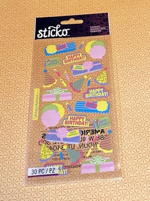 Sticko BIRTHDAY BASH Flat Stickers Balloons Gifts Hats Candles 30 Pcs