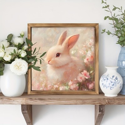 Spring Easter Gift Bunny In Flowers Wooden Plaque Soft Watercolor Wall Art Decor