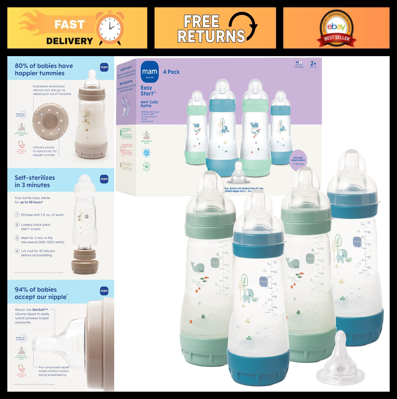9oz Anti-Colic Baby Bottles, Medium Flow, Fast Flow Nipple, 