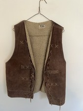 Vintage 70s Leather Deep Pile Lined Vest Mexico Mens Large