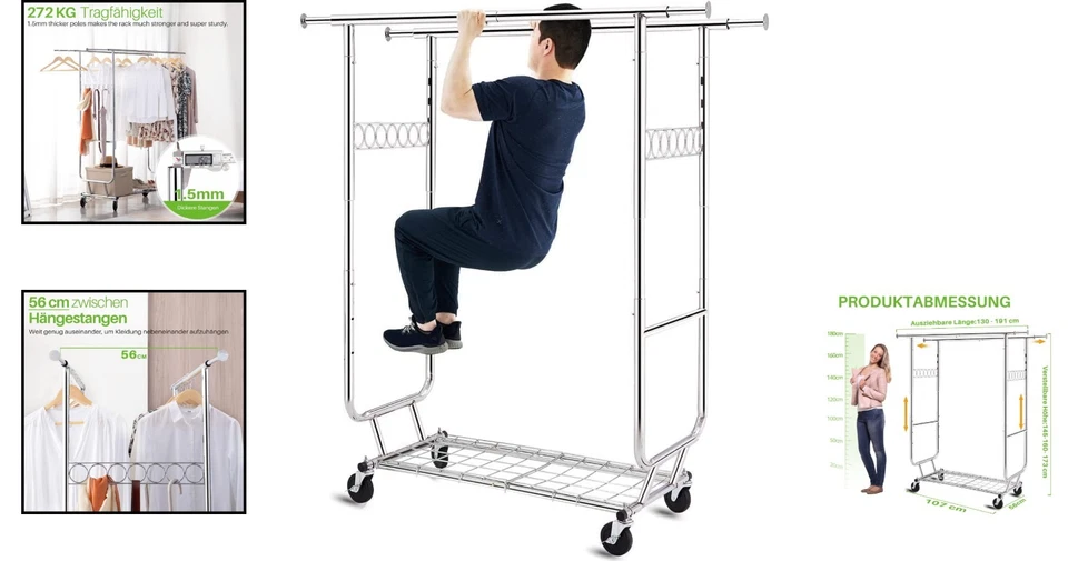 Doppelter Kleiderständer Stahl belastbar bis 272 kg Rollen garderobe - Bild 2 von 4