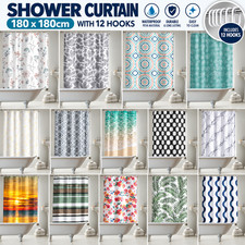 Shower Curtain 180 x 180cm Modern Printed PEVA Waterproof Bathroom + 12 Hooks