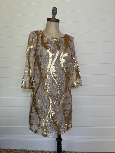GOLD SEQUIN CREAM LACE MINI DRESS PRIMARK SIZE 8 - Picture 4 of 12