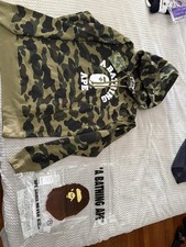 A Bathing Ape BAPE Men's Green Camo Pullover Hoodie Logo Cotton Fleece L