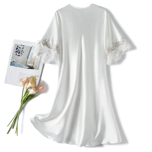 Damen Satin Nachthemd Sommer Luxus Weich Spitze Kurzarm V-Ausschnitt Schlafshirt - Bild 14 von 32