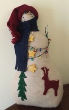 Tabletop 13 Inch Hand Made Primitive Snowman Felt Fabric