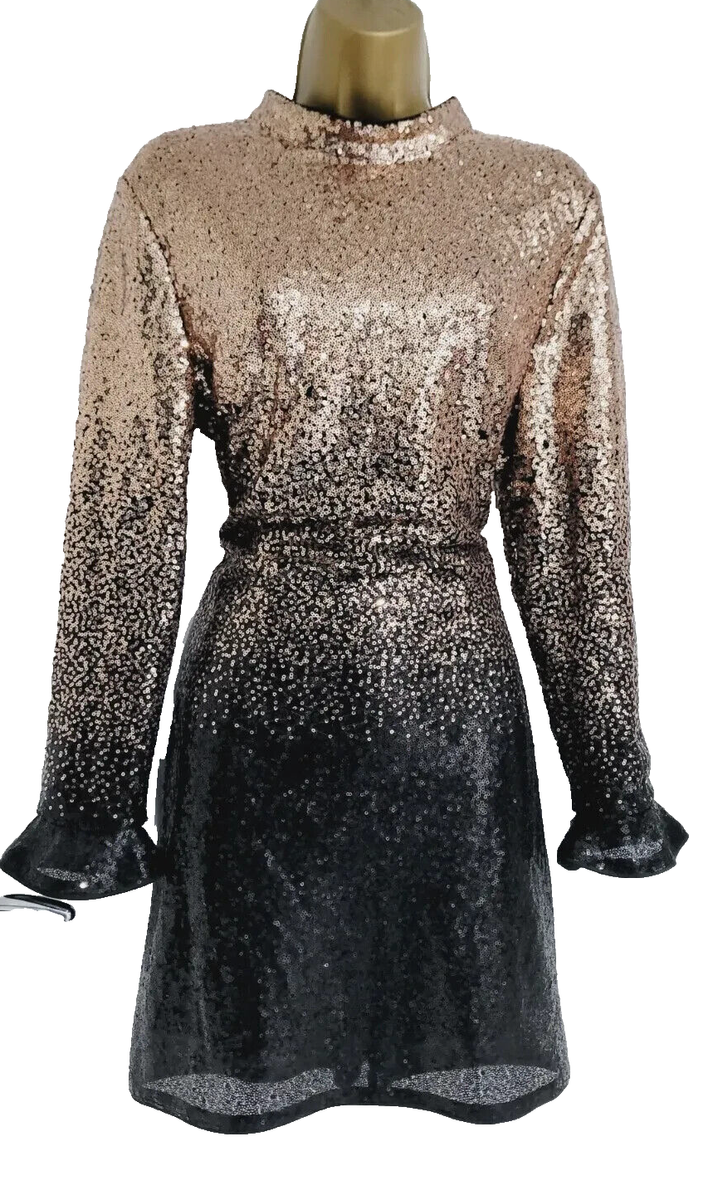 lipsy gold sequin dress Womens Lipsy Black/Gold Mini Sequin Shoulder Sparkle Bodycon Knitted Dress US 12