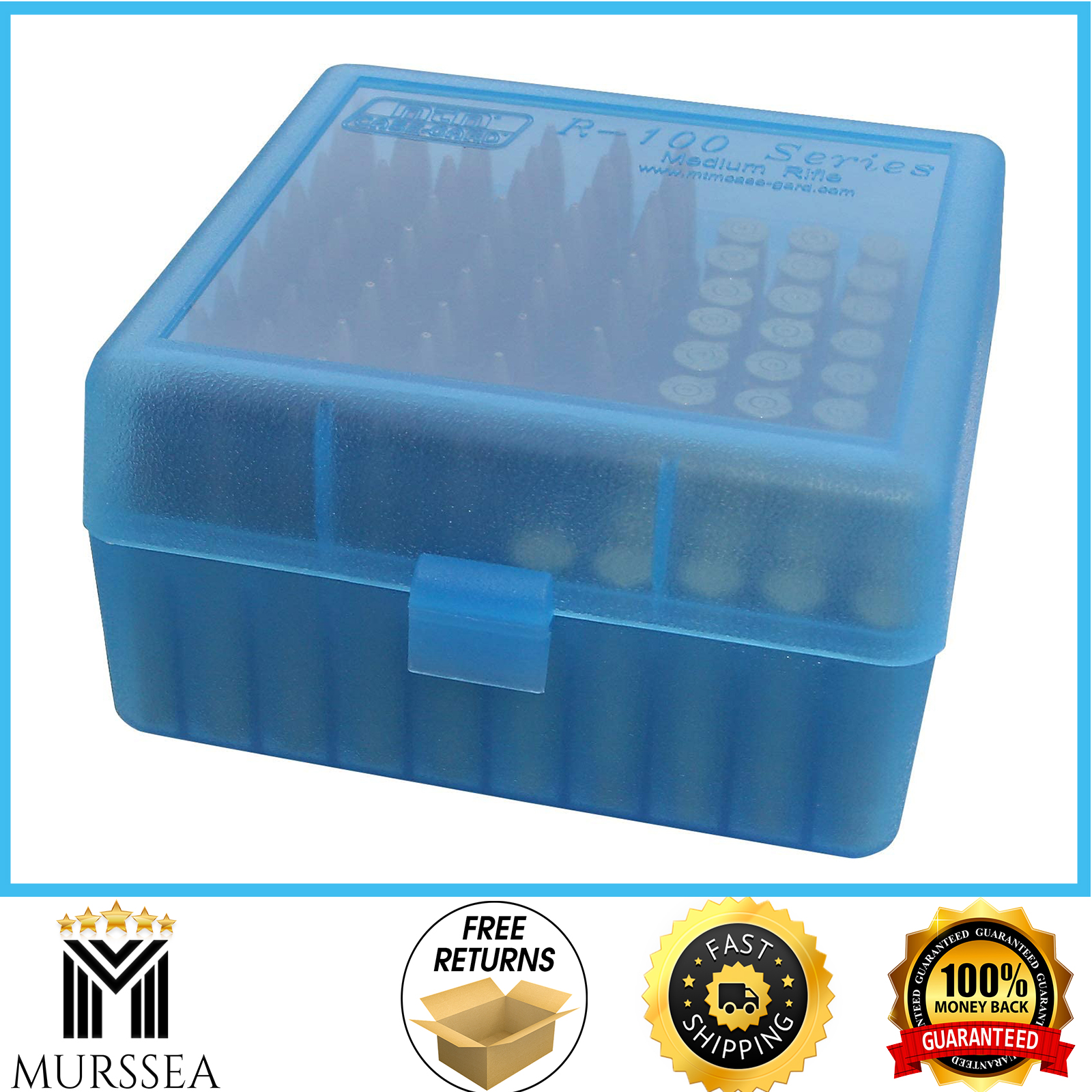 MTM 100 round Flip-Top Rifle Ammo Box 22-25, 308 W, 243 , Clear Blue