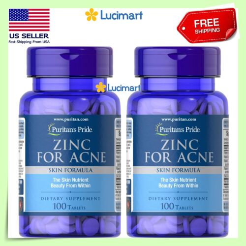 2x Zinc for Acne a Mineral for Immune Sytem 100ea Total  200Tabs Puritan's Pride - Picture 1 of 4