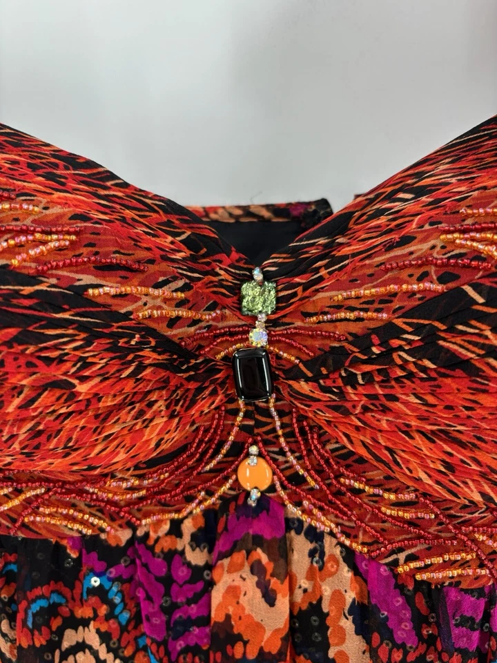 Vestido Diane Freis para mujer 6 rojo naranja negro 100 % seda lentejuelas volantes con cuentas Foto 4 de 4