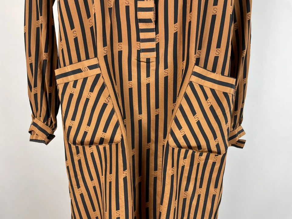 VTG.  80s SOO YUNG LEE Brown Black Stripe Print Long Sleeve Silk Shirt Dress 14 - Image 3 of 4