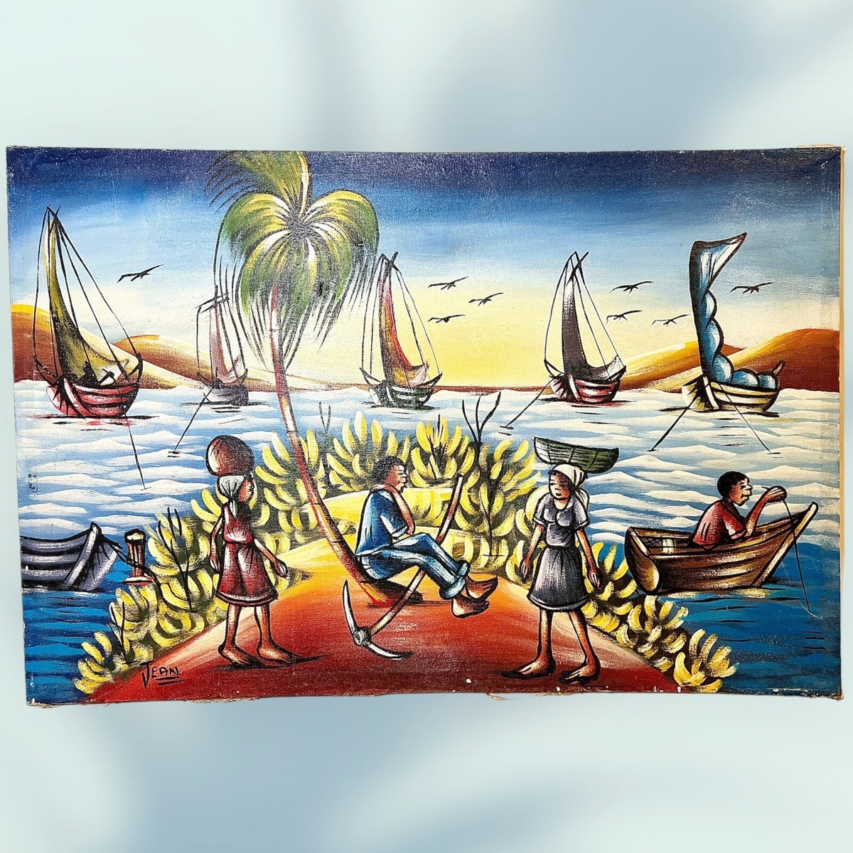 Vintage Haitian Oil Painting On Canvas Sea SailBoat Men Women by