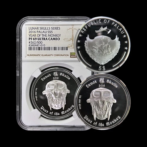 PALAU. 2016, 5 Dollars, Silver - NGC PF69 - Lunar Skulls, Year of Monkey 🐵💀