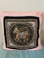 Antique Burmese Kalaga Horse Textile Artwork Embroidered Pillow Pink Beaded Sofa
