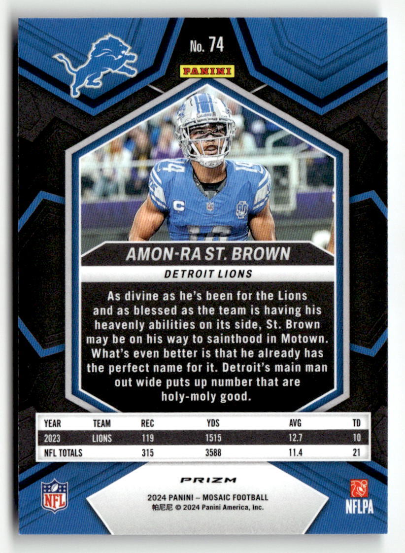 絵画 BLU/ZONE/2024 2024 Panini Mosaic #74 Amon-Ra St. Brown Reactive Blue Prizm