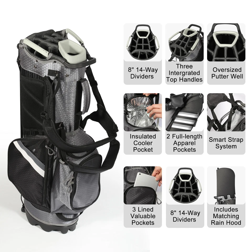 14 Way Golf Stand Bag Top Dividers with Pockets Rain Hood Ergonomic Lightweight - Image 2 of 4