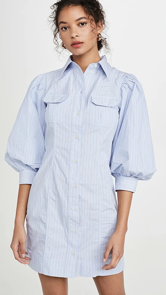 NEW GANNI PUFF SLEEVE STRIPE COTTON DRESS SIZE 36 $265 BLUE NORDSTROM