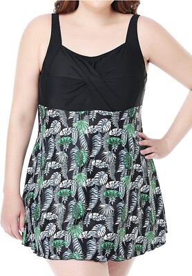 PERONA Women's Plus Size Swimdress One Piece Swimsuit Retro Print Swimwear 26W