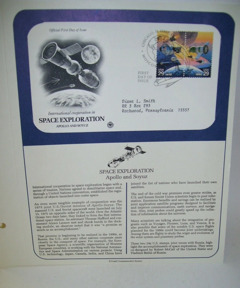 First Day of Issue 29 Cent Space Exploration Apollo and Soyuz FDC 1992 - Image 2 of 2