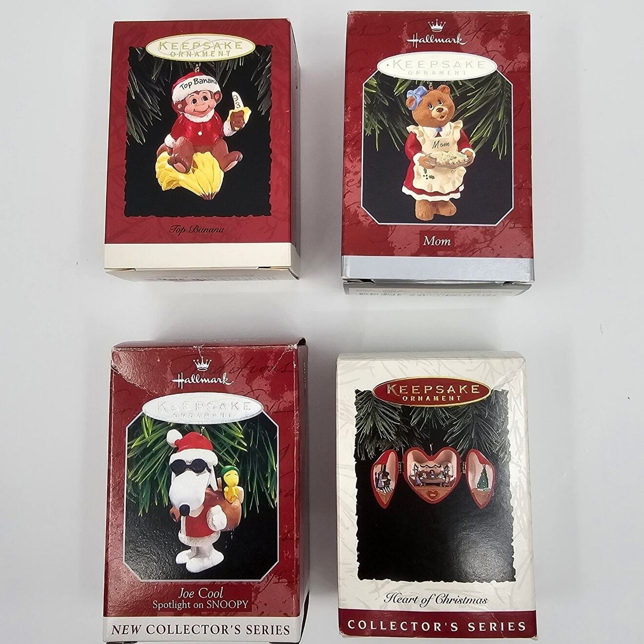 4 Vintage 90s Hallmark Keepsake Ornaments - Snoopy Mom Top Banana Monkey