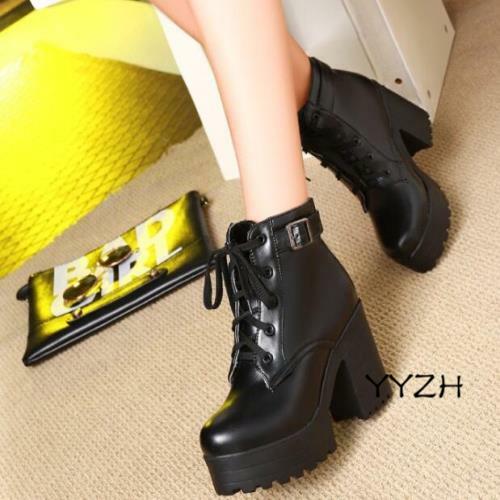 Women's High Block Heels Buckle Platform Lace-Up Punk Goth Ankle Boots Shoes