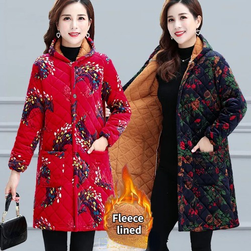 Women Hooded Padded Sherpa Lined Midi Jacket Coat Outerwear Ethnic Floral Retro - Picture 3 of 17