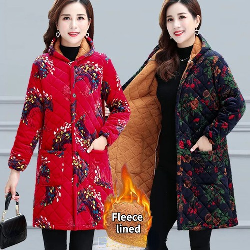 Ladies Ethnic Warm Hooded Padded Jacket Outerwear Lined Midi Coat Print - Picture 1 of 20