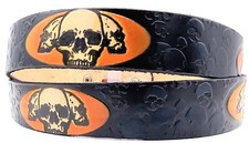 BLACK MULTI SKULL MOTORCYCLE EMBOSSED GENUINE COWHIDE LEATHER BELT USA MADE