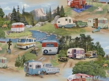 Vintage Trailers Fabric - Lakeside RV Camping Green - Elizabeth's Studio YARD