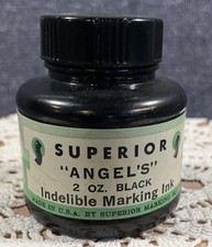 Vintage Superior &ldquo;Angel&rsquo;s&rdquo; 2oz Indelible Marking Ink Bottle Full Black USA Made